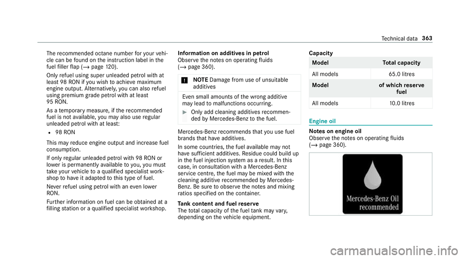 MERCEDES-BENZ AMG GT COUPE 2018  Owners Manual The
recommended octane number foryo ur vehi‐
cle can be found on the instruction label in the
fuel filler flap (/ page120).
On lyrefuel using super unleaded petrol with at
lea st98 RON if you wish t