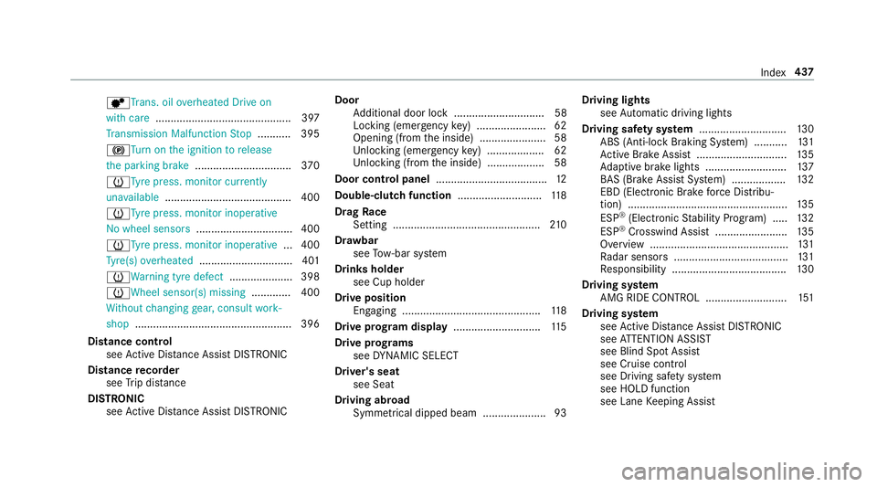 MERCEDES-BENZ AMG GT COUPE 2018 Owners Manual dTr
ans. oil overheated Drive on
with care ............................................. 397
Tr ansmission Malfunction Stop ........... 395
!Tu rnon the ignition torelease
th e parking brake ......... MERCEDES-BENZ AMG GT COUPE 2018 Owners Manual dTr
ans. oil overheated Drive on
with care ............................................. 397
Tr ansmission Malfunction Stop ........... 395
!Tu rnon the ignition torelease
th e parking brake .........