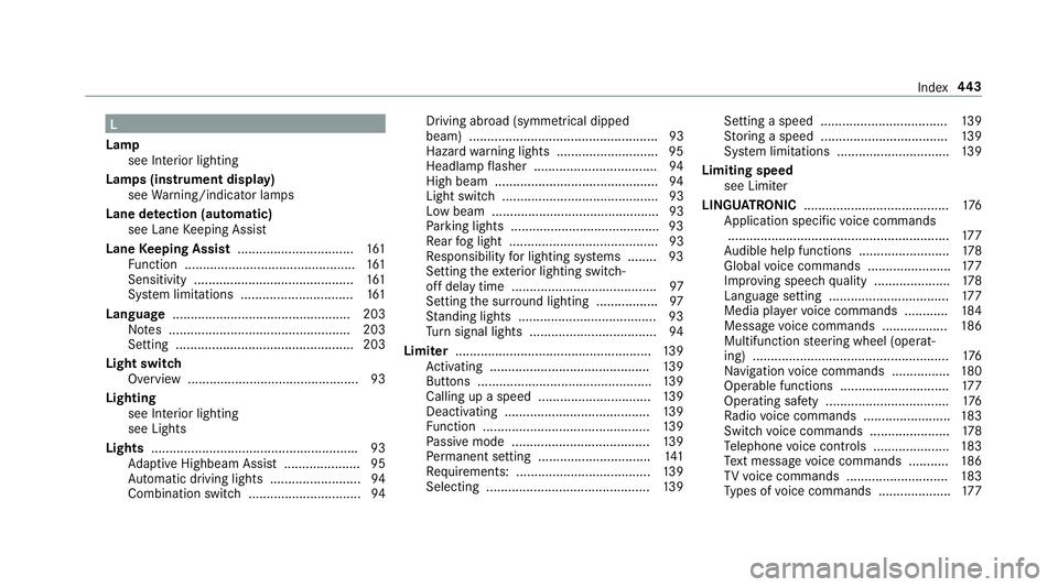 MERCEDES-BENZ AMG GT COUPE 2018  Owners Manual L
Lamp see In terior lighting
Lamps (instrument display) see Warning/indicator lamps
Lane de tection (au tomatic)
see Lane Keeping Assist
Lane Keeping Assist ................................ 161
Fu nc