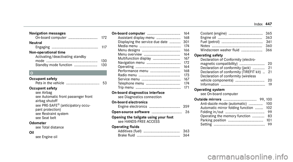 MERCEDES-BENZ AMG GT COUPE 2018  Owners Manual Na
vigation messages
On-board computer ............................. 172
Ne utral
Engaging .............................................. 11 7
No n-operational time
Ac tivating/deactivating standby
mo