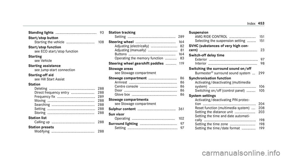 MERCEDES-BENZ AMG GT COUPE 2018 Owners Manual St
anding lights .......................................... 93
St art/s top button
St arting theve hicle ............................. 108
St art/s top function
see ECO start/ stop function
St arting
MERCEDES-BENZ AMG GT COUPE 2018 Owners Manual St
anding lights .......................................... 93
St art/s top button
St arting theve hicle ............................. 108
St art/s top function
see ECO start/ stop function
St arting