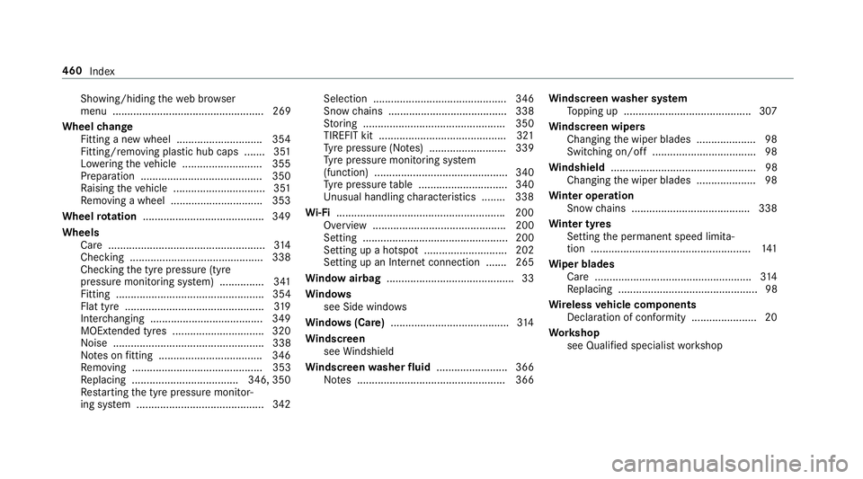 MERCEDES-BENZ AMG GT COUPE 2018  Owners Manual Showing/hiding
thewe b br ows er
menu ................................................... 269
Wheel change
Fitting a new wheel ............................ .354
Fitting/removing pla stic hub caps ....
