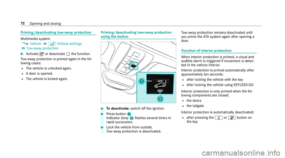 MERCEDES-BENZ AMG GT COUPE 2018 Manual PDF Priming/deactivating
tow- aw ay protection Multimedia sy
stem:
4 Vehicle 5
î Vehicle settings
5 Tow-away protection #
Activate Oor deacti vate ª the function.
To w- aw ay protection is primed again MERCEDES-BENZ AMG GT COUPE 2018 Manual PDF Priming/deactivating
tow- aw ay protection Multimedia sy
stem:
4 Vehicle 5
î Vehicle settings
5 Tow-away protection #
Activate Oor deacti vate ª the function.
To w- aw ay protection is primed again