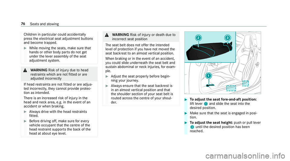 MERCEDES-BENZ AMG GT COUPE 2018 Manual PDF Children in particular could acciden
tally
press the electrical seat adjustment buttons
and become trapped. #
While moving the seats, make sure that
hands or other body parts do not get
under the le v MERCEDES-BENZ AMG GT COUPE 2018 Manual PDF Children in particular could acciden
tally
press the electrical seat adjustment buttons
and become trapped. #
While moving the seats, make sure that
hands or other body parts do not get
under the le v