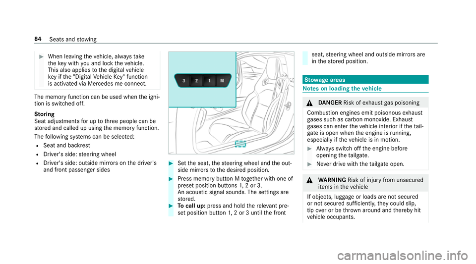 MERCEDES-BENZ AMG GT COUPE 2018 Manual Online #
When leaving theve hicle, alw aysta ke
th eke y with you and lock theve hicle.
This also applies tothe digital vehicle
ke y if the "Digital Vehicle Key" function
is activated via Mercedes me