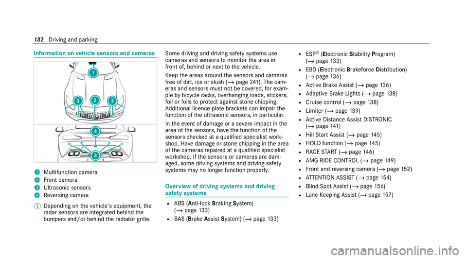 MERCEDES-BENZ AMG GT ROADSTER 2020 Owners Manual Information on
vehicle sensors and cameras 1
Multifunction camera
2 Front camera
3 Ultrasonic sensors
4 Reversing camera
% Depending on theve hicle's equipment, the
ra dar sensors are integ rated MERCEDES-BENZ AMG GT ROADSTER 2020 Owners Manual Information on
vehicle sensors and cameras 1
Multifunction camera
2 Front camera
3 Ultrasonic sensors
4 Reversing camera
% Depending on theve hicle's equipment, the
ra dar sensors are integ rated