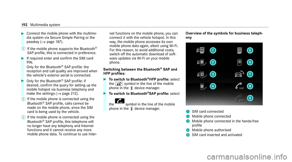 MERCEDES-BENZ AMG GT ROADSTER 2020  Owners Manual #
Connect the mobile phone with the multime‐
dia sy stem via Secure Simple Pairing or the
passk ey (/page 187).
% Ifth e mobile phone supports the Blue tooth®
SA P profile, this is connecte d in pr