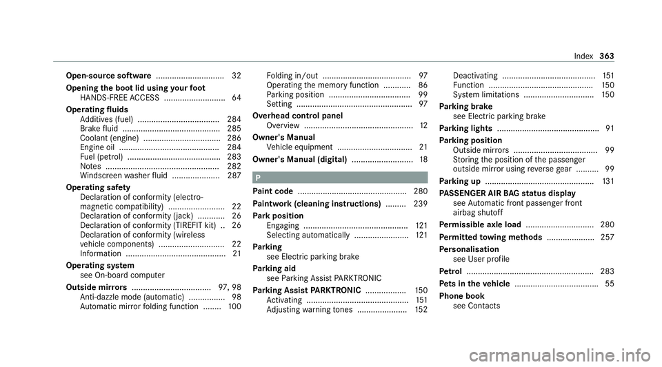 MERCEDES-BENZ AMG GT ROADSTER 2020  Owners Manual Open-source software
.............................. 32
Opening the boot lid using your foot
HANDS-FREE ACCESS ...........................64
Operating fluids
Ad ditives (fuel) .........................