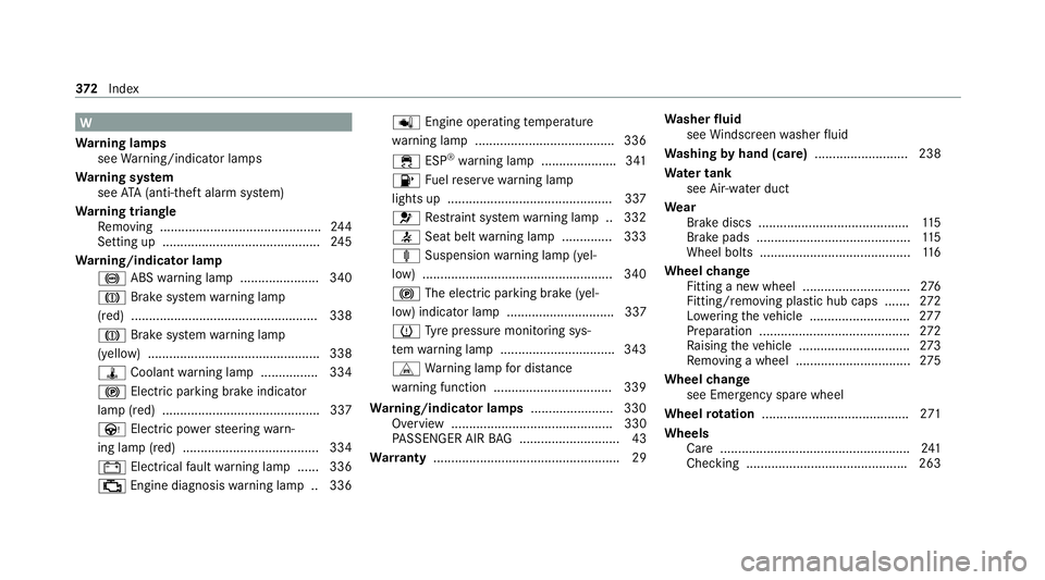 MERCEDES-BENZ AMG GT ROADSTER 2020 Owners Manual W
Wa rning lamps
see Warning/indicator lamps
Wa rning sy stem
see ATA (anti-theft alarm sy stem)
Wa rning triangle
Re moving ............................................. 24 4
Setting up ............. MERCEDES-BENZ AMG GT ROADSTER 2020 Owners Manual W
Wa rning lamps
see Warning/indicator lamps
Wa rning sy stem
see ATA (anti-theft alarm sy stem)
Wa rning triangle
Re moving ............................................. 24 4
Setting up .............