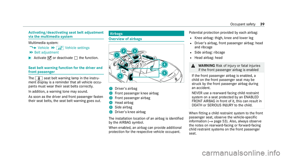 MERCEDES-BENZ AMG GT ROADSTER 2020 Service Manual Ac
tivating/deactivating seat belt adjustment
via the multimedia sy stem Multimedia sy
stem:
4 Vehicle 5
î Vehicle settings
5 Belt adjustment #
Activate Oor deacti vate ª the function. Seat belt
war MERCEDES-BENZ AMG GT ROADSTER 2020 Service Manual Ac
tivating/deactivating seat belt adjustment
via the multimedia sy stem Multimedia sy
stem:
4 Vehicle 5
î Vehicle settings
5 Belt adjustment #
Activate Oor deacti vate ª the function. Seat belt
war