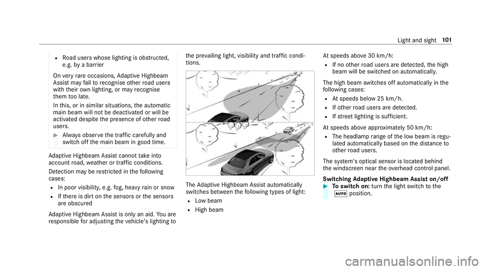 MERCEDES-BENZ AMG GT ROADSTER 2018 Owners Manual R
Road users whose lighting is obstructed,
e.g. bya bar rier
On very rare occasions, Adaptive Highbeam
Assist may failto recognise other road users
with their own lighting, or may recognise
th em too MERCEDES-BENZ AMG GT ROADSTER 2018 Owners Manual R
Road users whose lighting is obstructed,
e.g. bya bar rier
On very rare occasions, Adaptive Highbeam
Assist may failto recognise other road users
with their own lighting, or may recognise
th em too