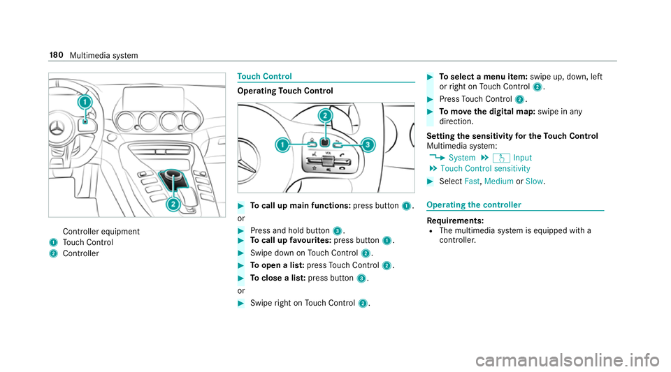 MERCEDES-BENZ AMG GT ROADSTER 2018  Owners Manual Controller equipment
1 Touch Control
2 Controller To
uch Control Operating
Touch Control #
Tocall up main functions: press button1.
or #
Press and hold button 3. #
Tocall up favo urites: press button 