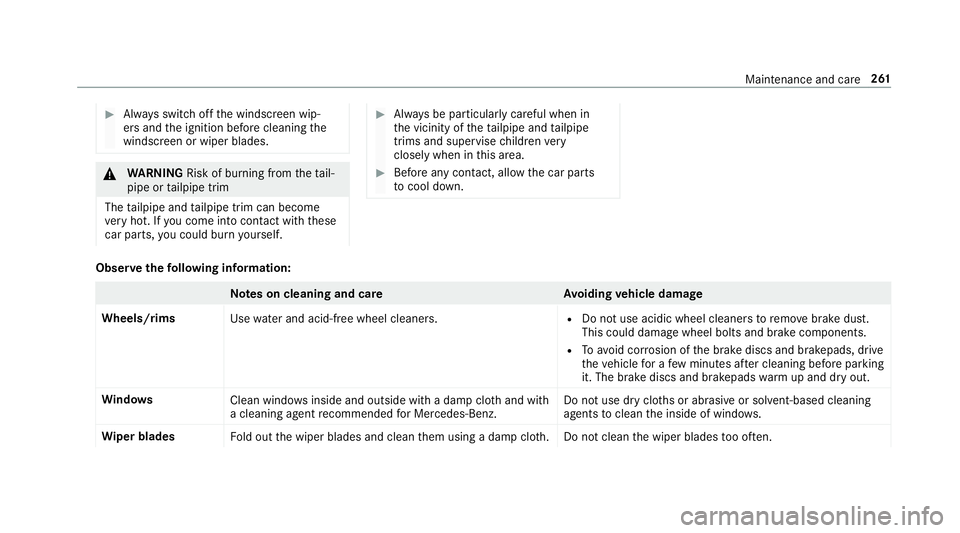 MERCEDES-BENZ AMG GT ROADSTER 2018  Owners Manual #
Alw ays switch off the windscreen wip‐
ers and the ignition before cleaning the
windscreen or wiper blades. &
WARNING Risk of bu rning from theta il‐
pipe or tailpipe trim
The tailpipe and tailp