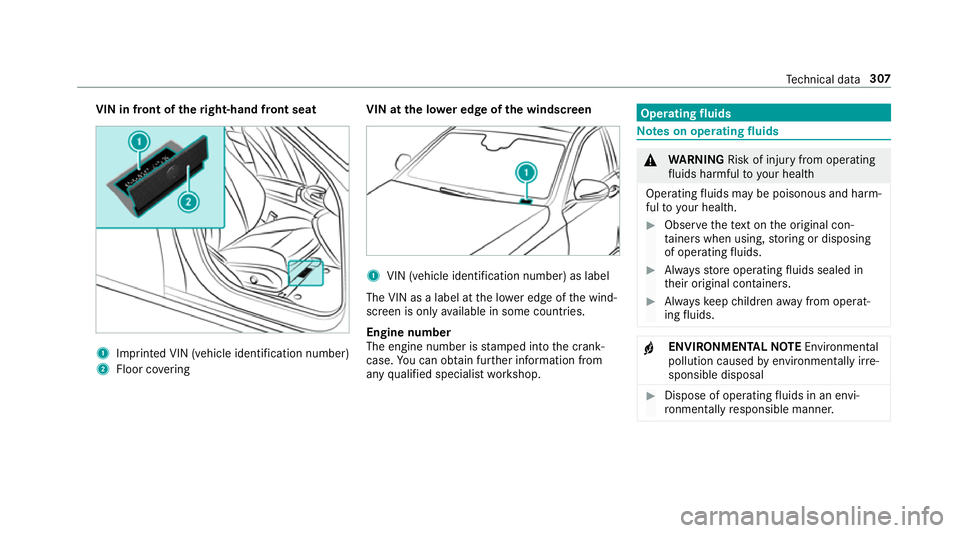MERCEDES-BENZ AMG GT ROADSTER 2018 Owners Manual VIN in front of the
right-hand front seat 1
Imprinted VIN (vehicle identification number)
2 Floor co vering VIN at the lo
wer edge of the windscreen 1
VIN (vehicle identi fication number) as label
The MERCEDES-BENZ AMG GT ROADSTER 2018 Owners Manual VIN in front of the
right-hand front seat 1
Imprinted VIN (vehicle identification number)
2 Floor co vering VIN at the lo
wer edge of the windscreen 1
VIN (vehicle identi fication number) as label
The