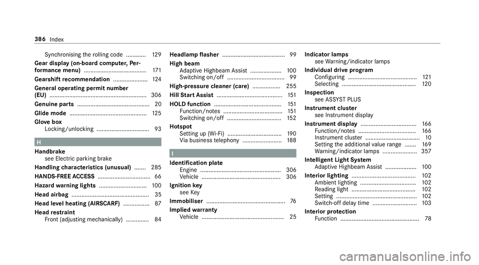 MERCEDES-BENZ AMG GT ROADSTER 2018 Owners Manual Synchronising
thero lling code ............ 12 9
Gear display (on-board computer, Per‐
fo rm ance menu) ...................................... 171
Gearshift recommendation .....................124
G MERCEDES-BENZ AMG GT ROADSTER 2018 Owners Manual Synchronising
thero lling code ............ 12 9
Gear display (on-board computer, Per‐
fo rm ance menu) ...................................... 171
Gearshift recommendation .....................124
G