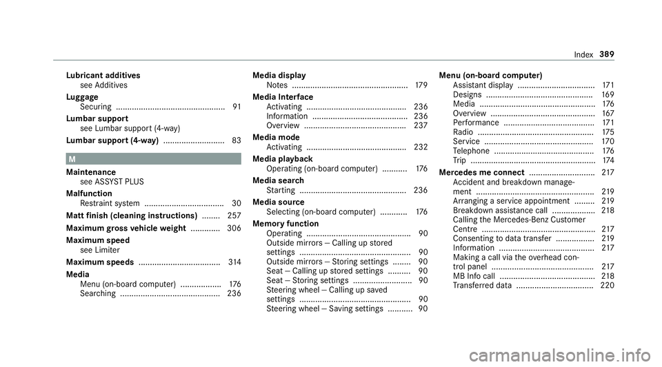 MERCEDES-BENZ AMG GT ROADSTER 2018 Owners Manual Lu
bricant additives
see Additives
Lu ggage
Securing ................................................ 91
Lu mbar support
see Lumbar support (4-w ay)
Lu mbar support (4-w ay).......................... MERCEDES-BENZ AMG GT ROADSTER 2018 Owners Manual Lu
bricant additives
see Additives
Lu ggage
Securing ................................................ 91
Lu mbar support
see Lumbar support (4-w ay)
Lu mbar support (4-w ay)..........................