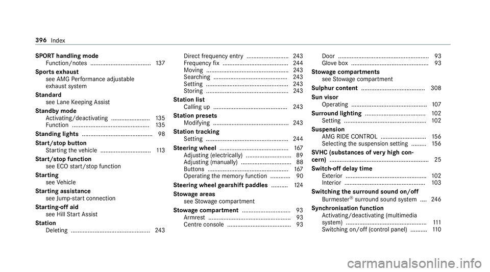 MERCEDES-BENZ AMG GT ROADSTER 2018 Owners Manual SPORT handling mode
Function/no tes .................................... 137
Sports exhaust
see AMG Performance adjus table
ex haust sy stem
St andard
see Lane Keeping Assist
St andby mode
Ac tivating MERCEDES-BENZ AMG GT ROADSTER 2018 Owners Manual SPORT handling mode
Function/no tes .................................... 137
Sports exhaust
see AMG Performance adjus table
ex haust sy stem
St andard
see Lane Keeping Assist
St andby mode
Ac tivating