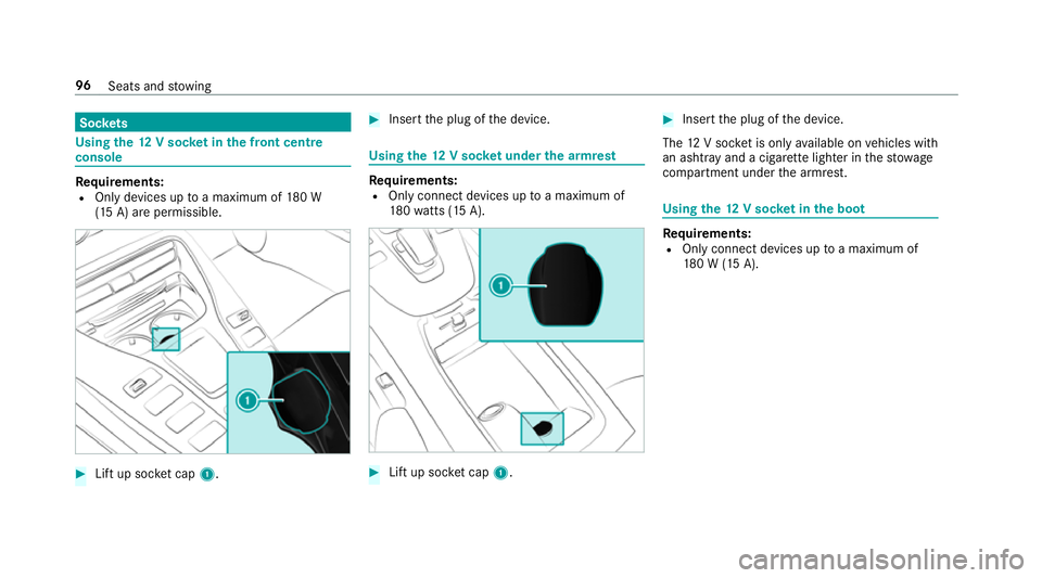 MERCEDES-BENZ AMG GT ROADSTER 2018  Owners Manual Soc
kets Using the
12V so cket inthe front centre
console Re
quirements:
R Only devices up toa maximum of 180 W
(15 A) are permissible. #
Lift up soc ket cap 1. #
Inse rtthe plug of the device. Using
