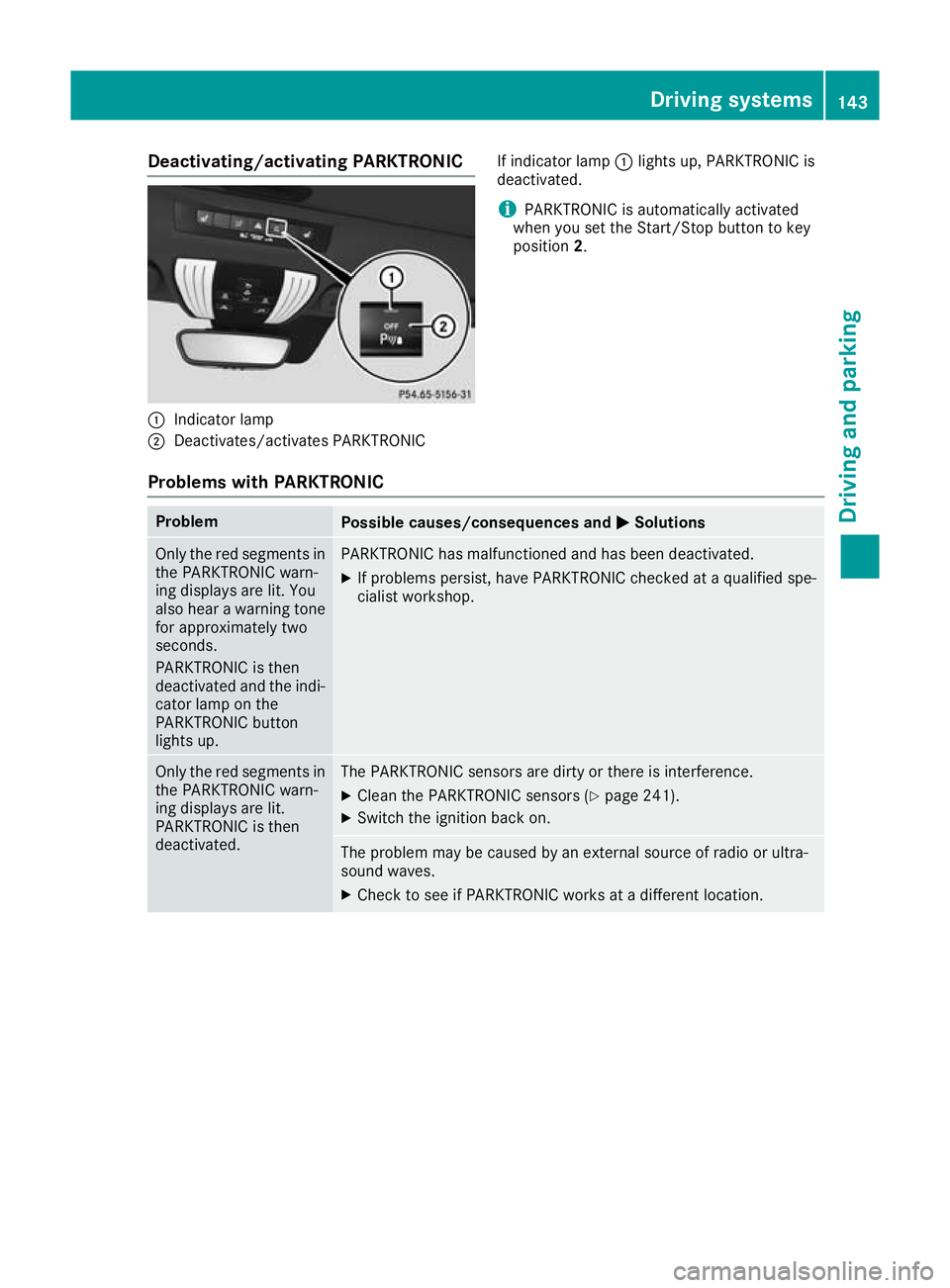 MERCEDES-BENZ AMG GT ROADSTER 2016 Owners Manual Deactivating/activating PARKTRONIC
:
Indicator lamp
; Deactivates/activates PARKTRONIC If indicator lamp
:lights up, PARKTRONIC is
deactivated.
i PARKTRONIC is automatically activated
when you set the MERCEDES-BENZ AMG GT ROADSTER 2016 Owners Manual Deactivating/activating PARKTRONIC
:
Indicator lamp
; Deactivates/activates PARKTRONIC If indicator lamp
:lights up, PARKTRONIC is
deactivated.
i PARKTRONIC is automatically activated
when you set the