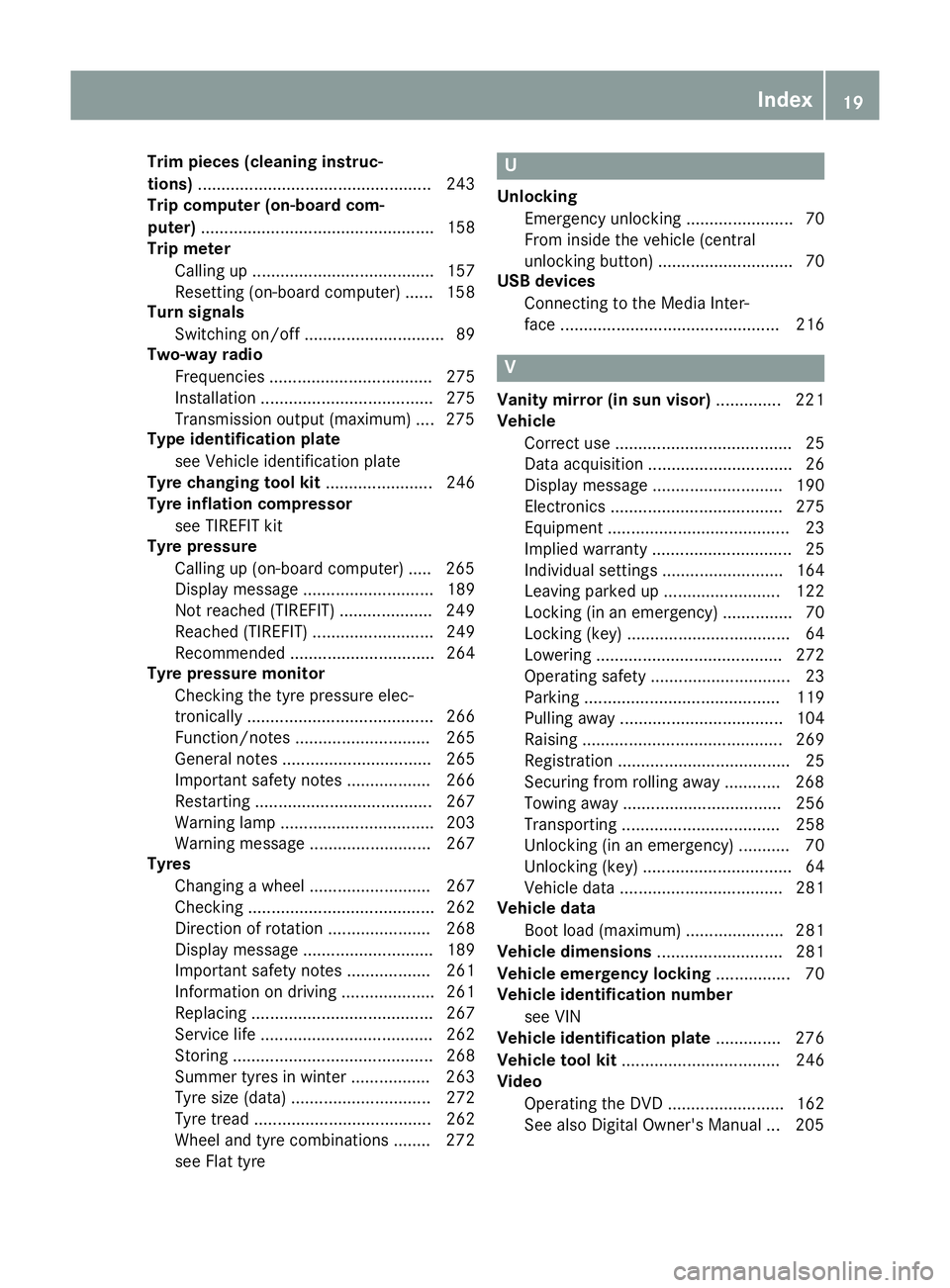 MERCEDES-BENZ AMG GT ROADSTER 2016  Owners Manual Trim pieces (cleaning instruc-
tions)
.................................................. 243
Trip computer (on-board com-
puter) .................................................. 158
Trip meter
Calli