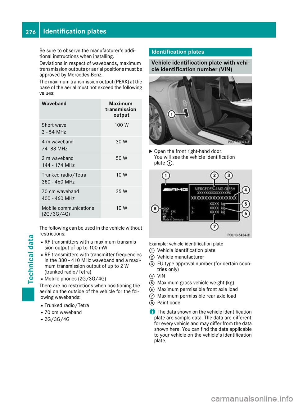 MERCEDES-BENZ AMG GT ROADSTER 2016  Owners Manual Be sure to observe the manufacturer's addi-
tional instructions when installing.
Deviations in respect of wavebands, maximum
transmission outputs or aerial positions must be approved by Mercedes-B