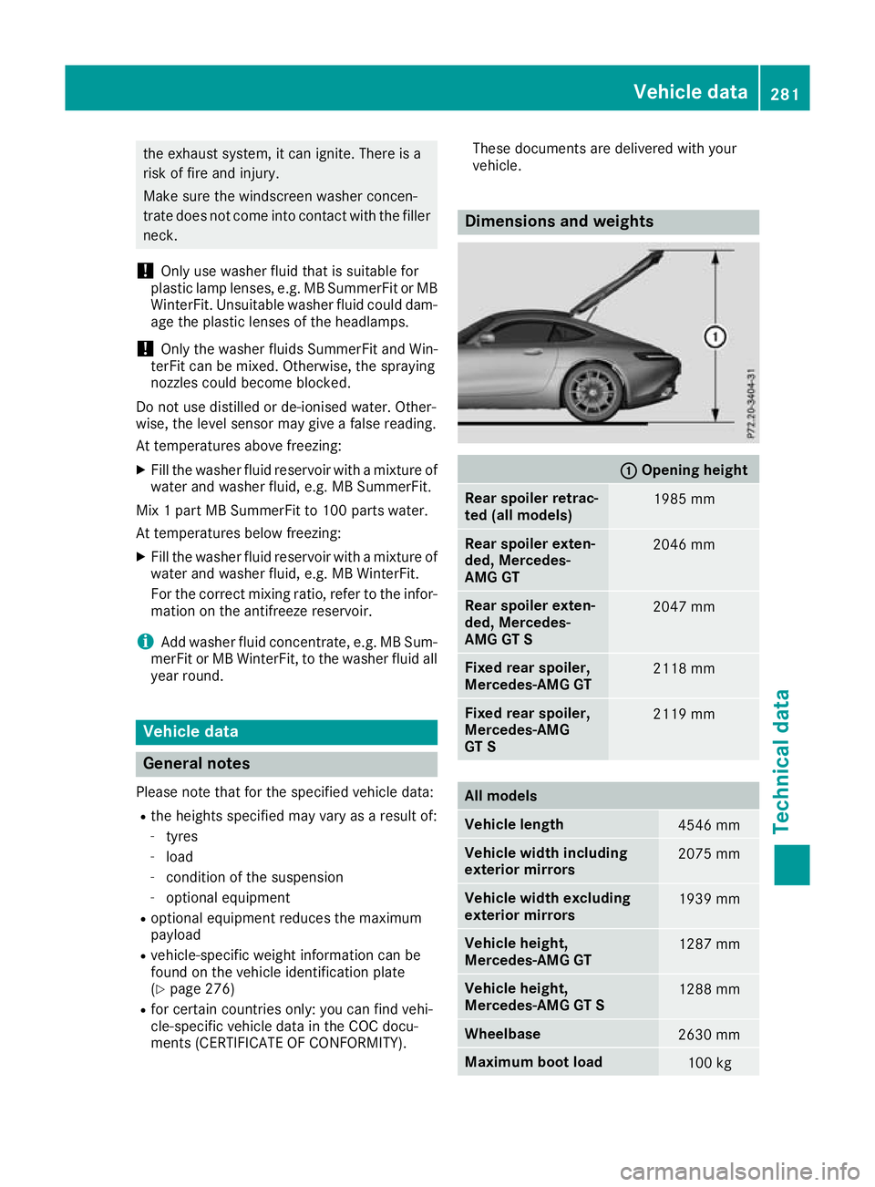 MERCEDES-BENZ AMG GT ROADSTER 2016 Owners Manual the exhaust system, it can ignite. There is a
risk of fire and injury.
Make sure the windscreen washer concen-
trate does not come into contact with the filler neck.
! Only use washer fluid that is su MERCEDES-BENZ AMG GT ROADSTER 2016 Owners Manual the exhaust system, it can ignite. There is a
risk of fire and injury.
Make sure the windscreen washer concen-
trate does not come into contact with the filler neck.
! Only use washer fluid that is su
