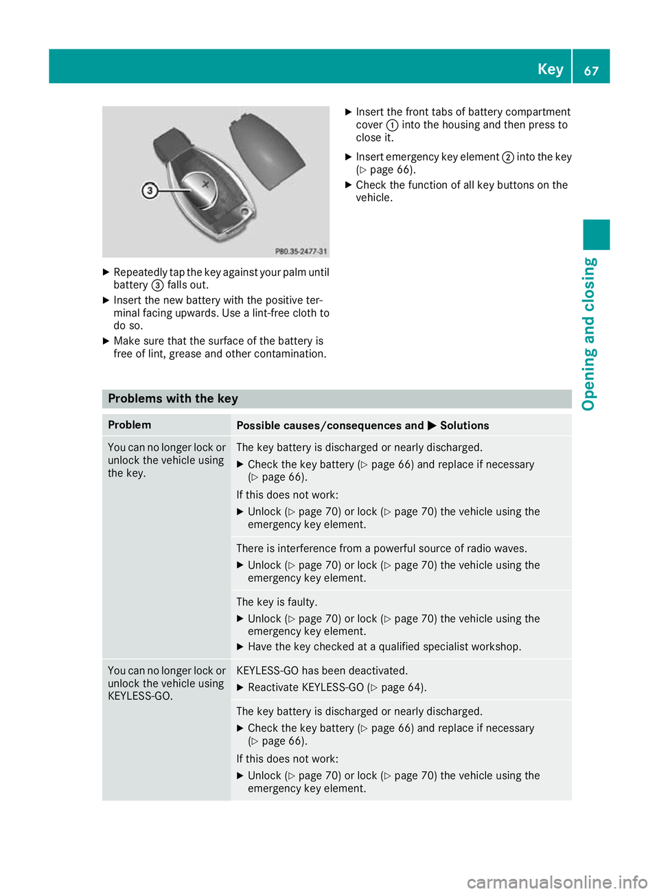 MERCEDES-BENZ AMG GT ROADSTER 2016  Owners Manual X
Repeatedly tap the key against your palm until
battery =falls out.
X Insert the new battery with the positive ter-
minal facing upwards. Use a lint-free cloth to
do so.
X Make sure that the surface 