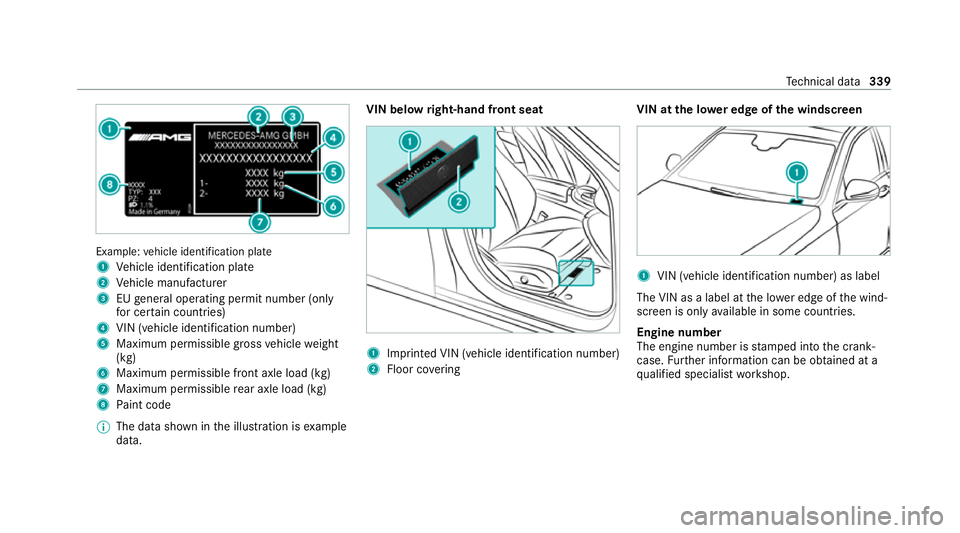 MERCEDES-BENZ AMG GT R-ROADSTER 2020 Owners Manual Example:
vehicle identification plate
1 Vehicle identification plate
2 Vehicle manufacturer
3 EUgeneral operating pe rmit number (only
fo r cer tain countries)
4 VIN (vehicle identification number)
5 MERCEDES-BENZ AMG GT R-ROADSTER 2020 Owners Manual Example:
vehicle identification plate
1 Vehicle identification plate
2 Vehicle manufacturer
3 EUgeneral operating pe rmit number (only
fo r cer tain countries)
4 VIN (vehicle identification number)
5