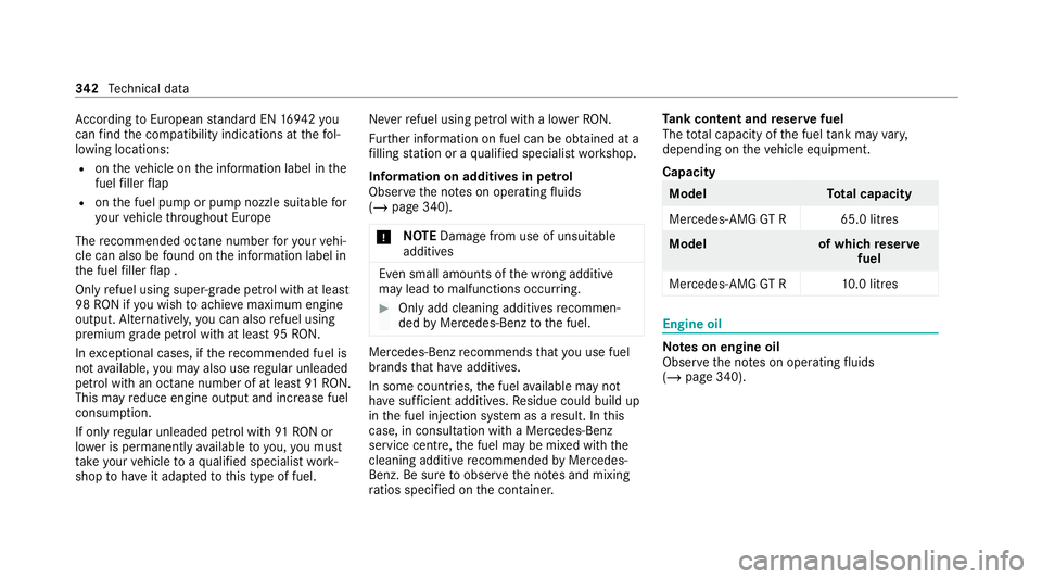 MERCEDES-BENZ AMG GT R-ROADSTER 2020 Owners Manual Ac
cording toEuropean standard EN 1694 2you
can find the compatibility indications at thefo l‐
lowing locations:
R ontheve hicle on the information label in the
fuel filler flap
R onthe fuel pump or MERCEDES-BENZ AMG GT R-ROADSTER 2020 Owners Manual Ac
cording toEuropean standard EN 1694 2you
can find the compatibility indications at thefo l‐
lowing locations:
R ontheve hicle on the information label in the
fuel filler flap
R onthe fuel pump or