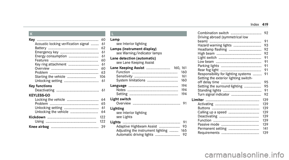 MERCEDES-BENZ AMG GT R-ROADSTER 2020 Owners Manual K
Ke y.............................................................. 60
Ac oustic locking verification signal ........ 61
Battery .................................................. 62
Emer gency key . MERCEDES-BENZ AMG GT R-ROADSTER 2020 Owners Manual K
Ke y.............................................................. 60
Ac oustic locking verification signal ........ 61
Battery .................................................. 62
Emer gency key .