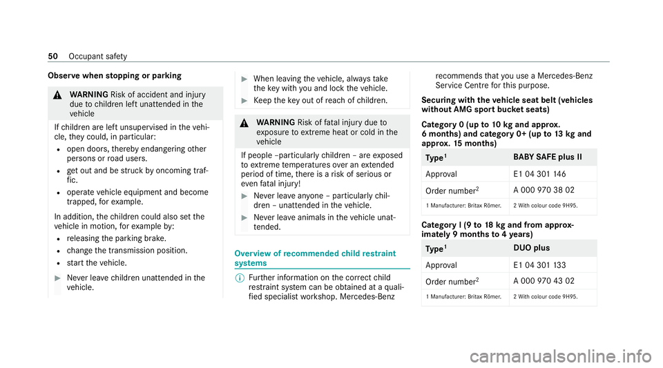 MERCEDES-BENZ AMG GT R-ROADSTER 2020 Workshop Manual Obser
vewhen stopping or parking &
WARNING Risk of accident and inju ry
due tochildren left unat tended in the
ve hicle
If ch ildren are left unsupervised in theve hi‐
cle, they could, in part icula MERCEDES-BENZ AMG GT R-ROADSTER 2020 Workshop Manual Obser
vewhen stopping or parking &
WARNING Risk of accident and inju ry
due tochildren left unat tended in the
ve hicle
If ch ildren are left unsupervised in theve hi‐
cle, they could, in part icula