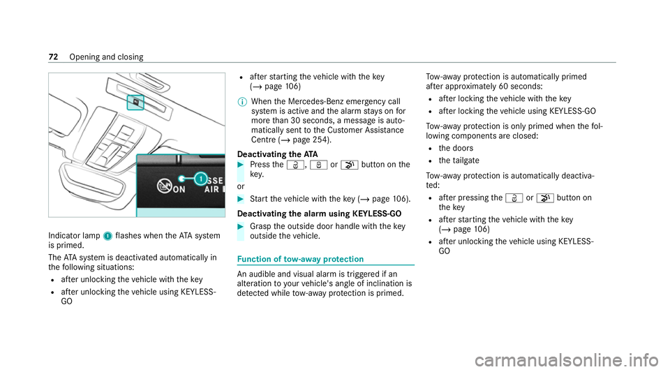 MERCEDES-BENZ AMG GT R-ROADSTER 2020 Manual PDF Indicator lamp
1flashes when theAT A sy stem
is primed.
The ATA sy stem is deactivated automatically in
th efo llowing situations:
R afte r unlocking theve hicle with thekey
R afte r unlocking theve h MERCEDES-BENZ AMG GT R-ROADSTER 2020 Manual PDF Indicator lamp
1flashes when theAT A sy stem
is primed.
The ATA sy stem is deactivated automatically in
th efo llowing situations:
R afte r unlocking theve hicle with thekey
R afte r unlocking theve h