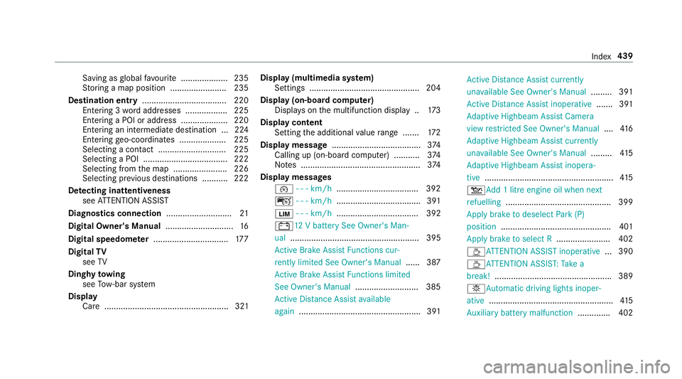 MERCEDES-BENZ AMG GT R-ROADSTER 2018  Owners Manual Saving as
global favo urite .................... 235
St oring a map position ........................ 235
Destination entry .................................... 220
Entering 3 wordaddresses .......... MERCEDES-BENZ AMG GT R-ROADSTER 2018  Owners Manual Saving as
global favo urite .................... 235
St oring a map position ........................ 235
Destination entry .................................... 220
Entering 3 wordaddresses ..........