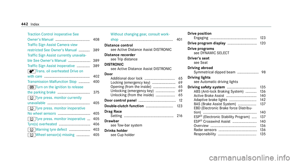 MERCEDES-BENZ AMG GT R-ROADSTER 2018  Owners Manual Tr
action Control inoperative See
Owner's Manual .................................. 408
Tr af fic Sign Assi stCamera view
re stricted See Owner's Manual ........... 389
Tr af fic Sign Assi stc MERCEDES-BENZ AMG GT R-ROADSTER 2018  Owners Manual Tr
action Control inoperative See
Owner's Manual .................................. 408
Tr af fic Sign Assi stCamera view
re stricted See Owner's Manual ........... 389
Tr af fic Sign Assi stc