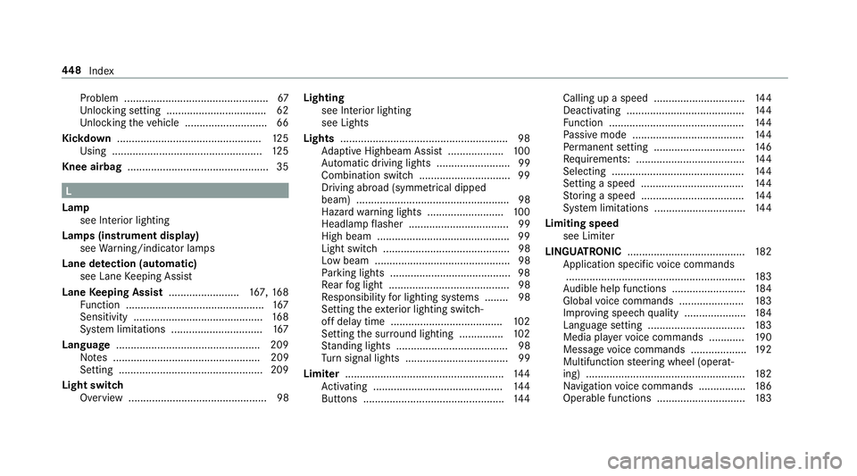 MERCEDES-BENZ AMG GT R-ROADSTER 2018  Owners Manual Problem .................................................67
Un locking setting .................................. 62
Un locking theve hicle ............................66
Kickd own....................