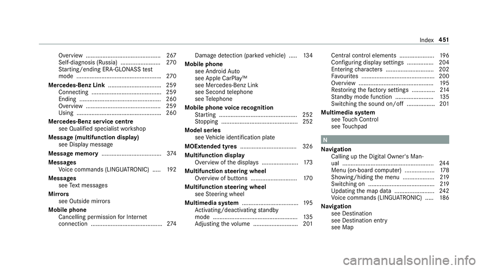 MERCEDES-BENZ AMG GT R-ROADSTER 2018  Owners Manual Overview ............................................. 267
Self-diagnosis (Russia) ........................ 270
St arting/ending ERA-GLONASS test
mode .................................................