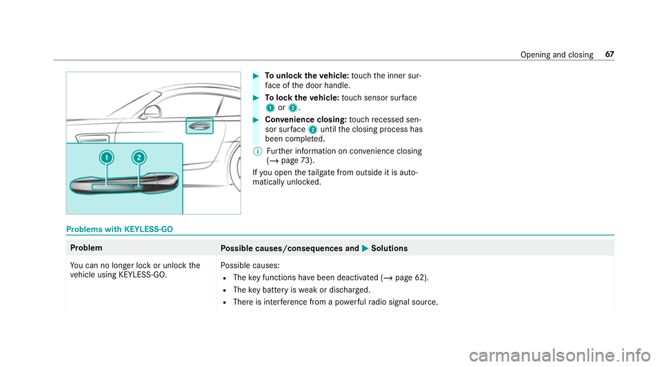 MERCEDES-BENZ AMG GT R-ROADSTER 2018 Repair Manual #
Tounlo cktheve hicle: touch the inner sur‐
fa ce of the door handle. #
Tolock theve hicle: touch sensor sur face
1 or2. #
Convenience closing: touch recessed sen‐
sor su rface 2until the closing MERCEDES-BENZ AMG GT R-ROADSTER 2018 Repair Manual #
Tounlo cktheve hicle: touch the inner sur‐
fa ce of the door handle. #
Tolock theve hicle: touch sensor sur face
1 or2. #
Convenience closing: touch recessed sen‐
sor su rface 2until the closing