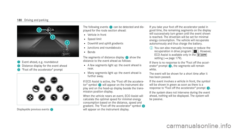MERCEDES-BENZ B-CLASS HATCHBACK 2021  Owners Manual 1
Event ahead, e.g. roundabout
2 Distance display forth eev ent ahead
3 "Foot o. the accelerator" prom ptDispla
yable pr evious events 1 The
following events 1can be de tected and dis-
pla ye