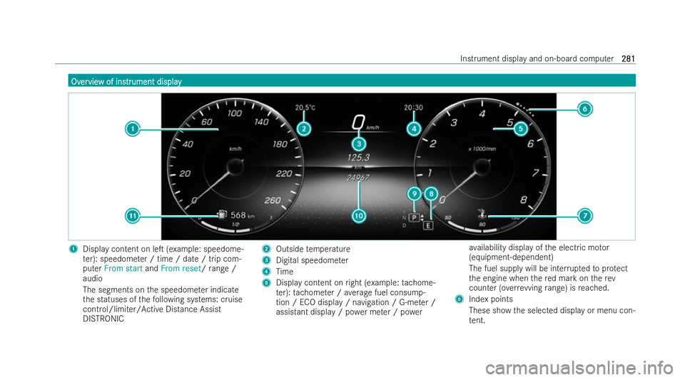 MERCEDES-BENZ B-CLASS HATCHBACK 2021  Owners Manual Ov
Ov
er
ervie
vie w of ins
w of ins tr
trument display
ument display 1
Display content on leT (e xample: speedome-
te r): speedome ter / time / date / trip com-
puter From start andFrom reset/ range