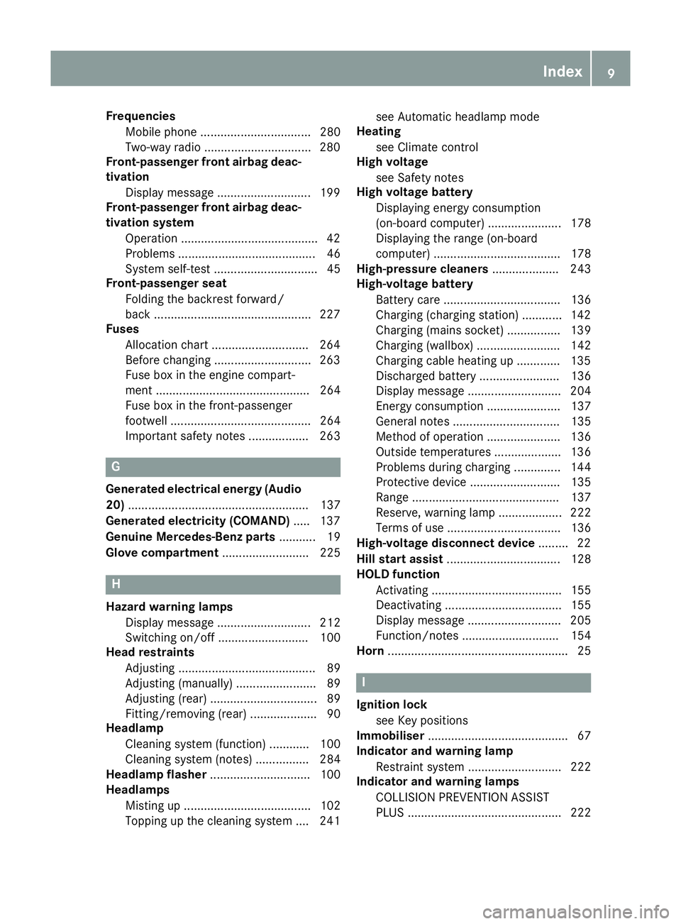 MERCEDES-BENZ B-CLASS HATCHBACK 2015  Owners Manual Frequencies
Mobile phon e ................................. 280
Two- way radio ................................ 280
Front-passenger front airbag deac-
tivation
Display message ........................