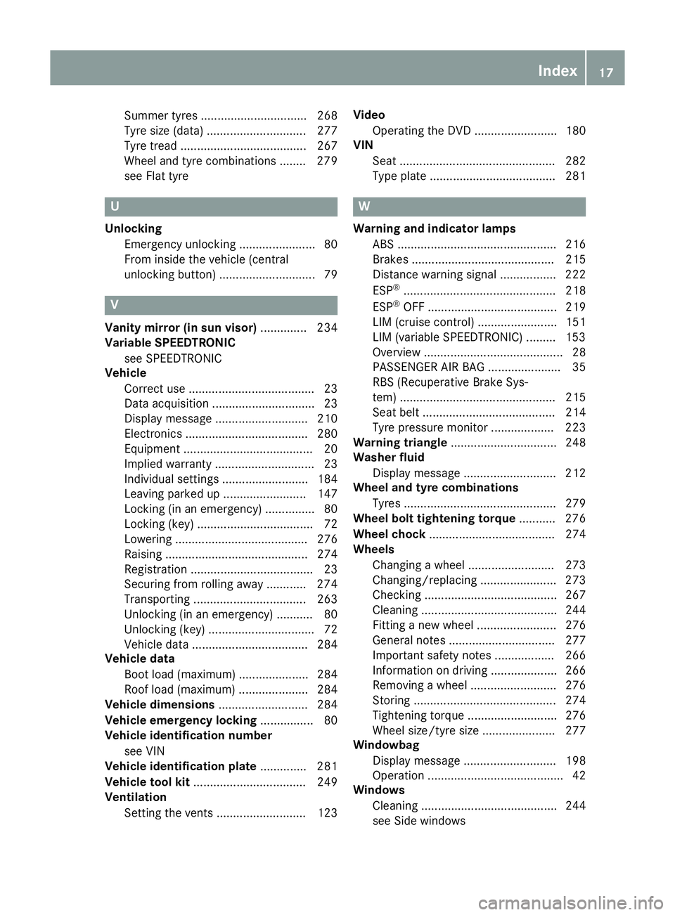 MERCEDES-BENZ B-CLASS HATCHBACK 2015  Owners Manual Summer tyres ................................ 268
Tyre size (data
).............................. 277
Tyre tread ...................................... 267
Wheel and tyre combinations ........ 279
see