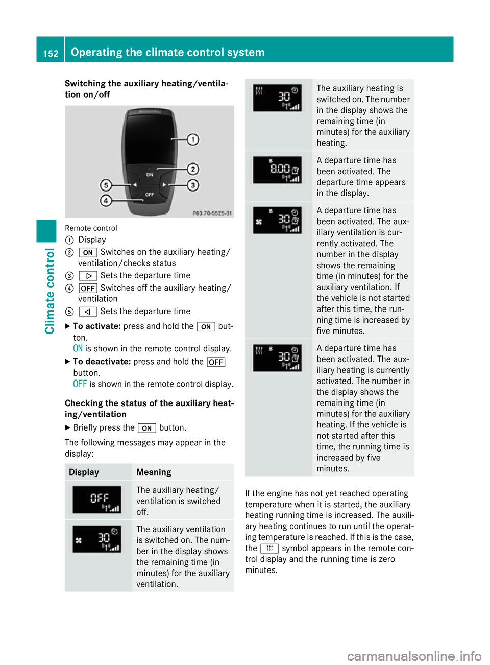 MERCEDES-BENZ B-CLASS HATCHBACK 2014  Owners Manual Switching the auxiliary heating/ventila-
tion on/off
Remote control
:
Display
; u Switches on the auxiliary heating/
ventilation/checks status
= . Sets the departure time
? ^ Switches off the auxiliar MERCEDES-BENZ B-CLASS HATCHBACK 2014  Owners Manual Switching the auxiliary heating/ventila-
tion on/off
Remote control
:
Display
; u Switches on the auxiliary heating/
ventilation/checks status
= . Sets the departure time
? ^ Switches off the auxiliar