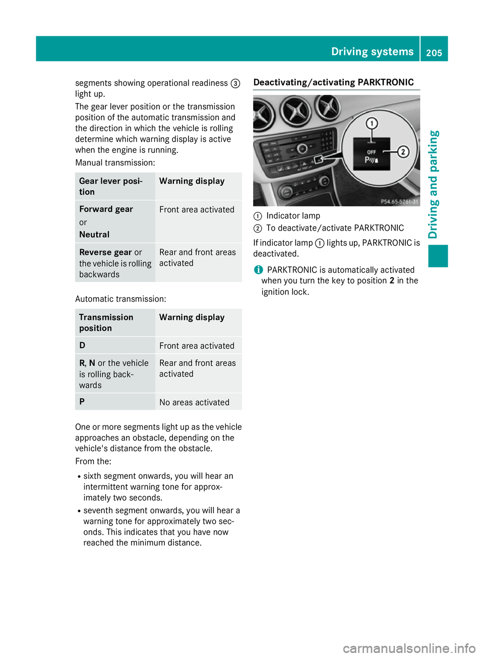 MERCEDES-BENZ B-CLASS HATCHBACK 2014  Owners Manual segments showing operational readiness
=
light up.
The gear lever position or the transmission
position of the automatic transmission and
the direction in which the vehicle is rolling
determine which 
