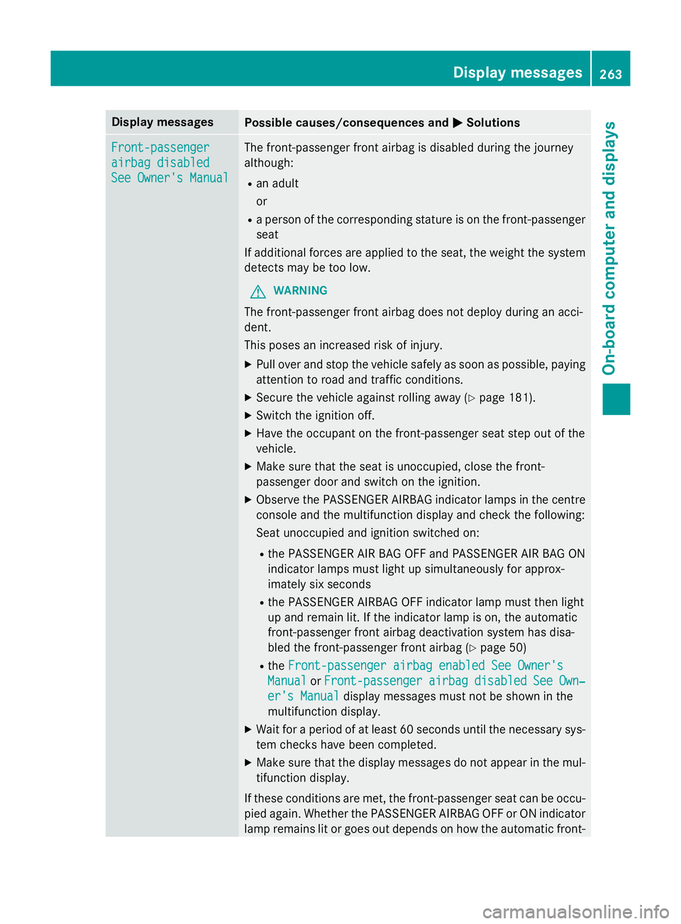 MERCEDES-BENZ B-CLASS HATCHBACK 2014 Owners Manual Display messages
Possible causes/consequences and
M
MSolutions Front-passenger
Front-passenger
airbag disabled airbag disabled
See Owner's Manual See Owner's Manual The front-passenger front a