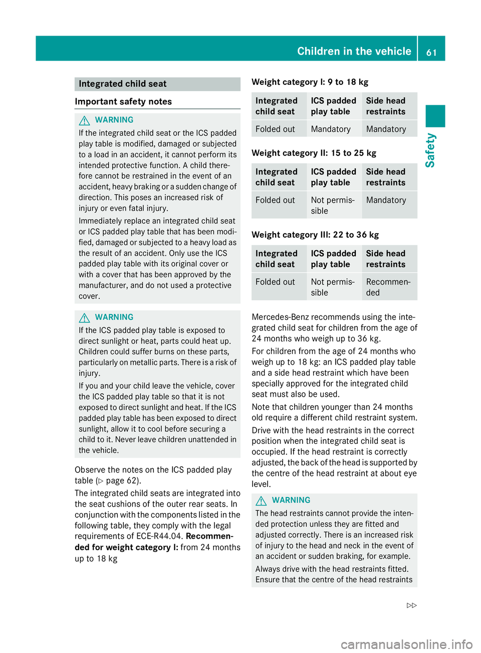 MERCEDES-BENZ B-CLASS HATCHBACK 2014  Owners Manual Integrated child seat
Important safety notes G
WARNING
If the integrated child seat or the ICS padded play table is modified, damaged or subjected
to a load in an accident, it cannot perform its
inten