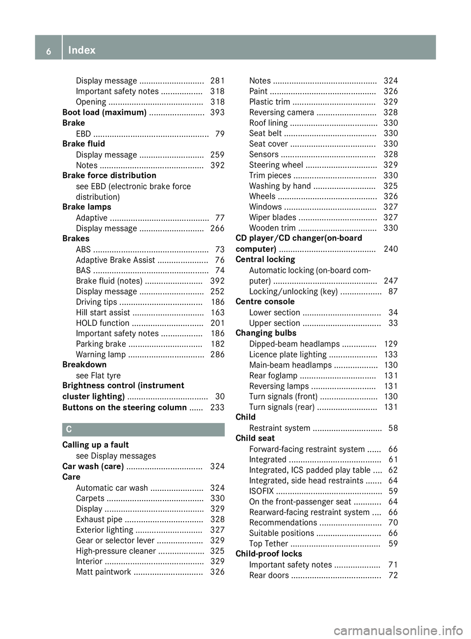 MERCEDES-BENZ B-CLASS HATCHBACK 2014  Owners Manual Display message ............................ 281
Important safety note s.................. 318
Opening ......................................... 318
Boot load (maximum) ........................ 393
Br