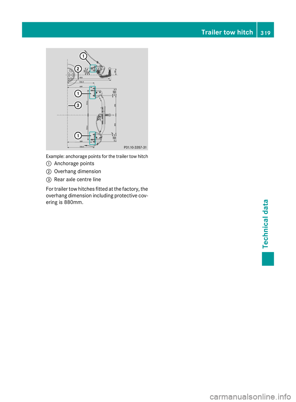 MERCEDES-BENZ B-CLASS HATCHBACK 2011  Owners Manual Example: anchorage points for the trailer tow hitch
:
Anchorage points
; Overhang dimension
= Rear axle centre line
For traile rtow hitches fitted at the factory, the
overhang dimension including prot