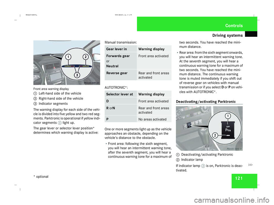 MERCEDES-BENZ B-CLASS HATCHBACK 2008 Owners Manual Driving sys
tems 121Front area warning display
1
Left-hand side of the vehicle
2 Right-hand side of the vehicle
3 Indicator segments
The warning display for each side of the vehi-
cle is divided into MERCEDES-BENZ B-CLASS HATCHBACK 2008 Owners Manual Driving sys
tems 121Front area warning display
1
Left-hand side of the vehicle
2 Right-hand side of the vehicle
3 Indicator segments
The warning display for each side of the vehi-
cle is divided into