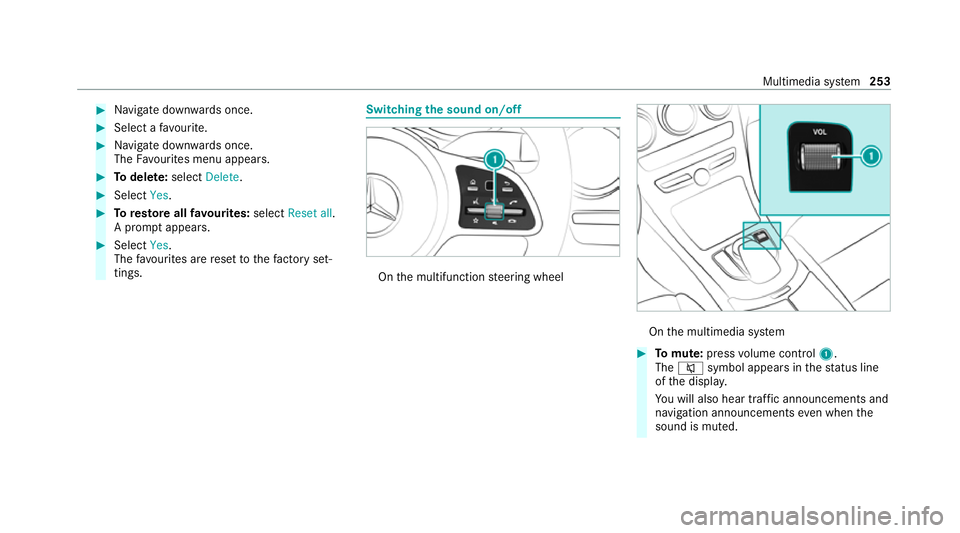 MERCEDES-BENZ C-CLASS CABRIOLET 2021 Owners Manual #
Navigate down wards once. #
Select a favo urite. #
Navigate down wards once.
The Favourites menu appears. #
Todel ete: select Delete. #
Select Yes. #
Toresto reall favo urites: selectReset all.
A pr MERCEDES-BENZ C-CLASS CABRIOLET 2021 Owners Manual #
Navigate down wards once. #
Select a favo urite. #
Navigate down wards once.
The Favourites menu appears. #
Todel ete: select Delete. #
Select Yes. #
Toresto reall favo urites: selectReset all.
A pr