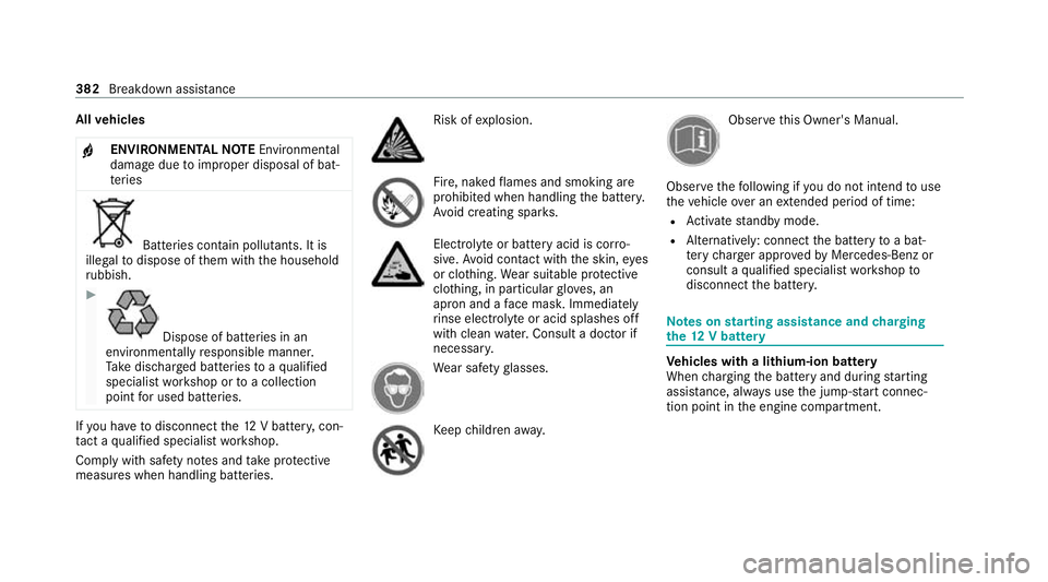 MERCEDES-BENZ C-CLASS CABRIOLET 2021 Owners Manual All
vehicles
+ ENVIRONMENTAL
NOTEEnvironmental
dama gedue toimproper disposal of bat‐
te ries Batteries conta
in pollutants. It is
illegal todispose of them with the household
ru bbish. #
Dispose of MERCEDES-BENZ C-CLASS CABRIOLET 2021 Owners Manual All
vehicles
+ ENVIRONMENTAL
NOTEEnvironmental
dama gedue toimproper disposal of bat‐
te ries Batteries conta
in pollutants. It is
illegal todispose of them with the household
ru bbish. #
Dispose of